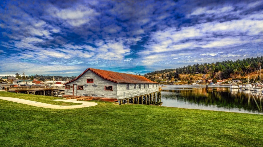 The waterfront of a Puget Sound harbor.