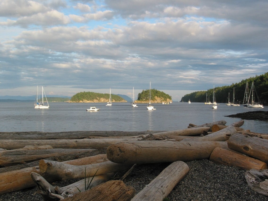 Sailboats at anchor in Echo Bay, Sucia Island, in the San Juan Islands.
