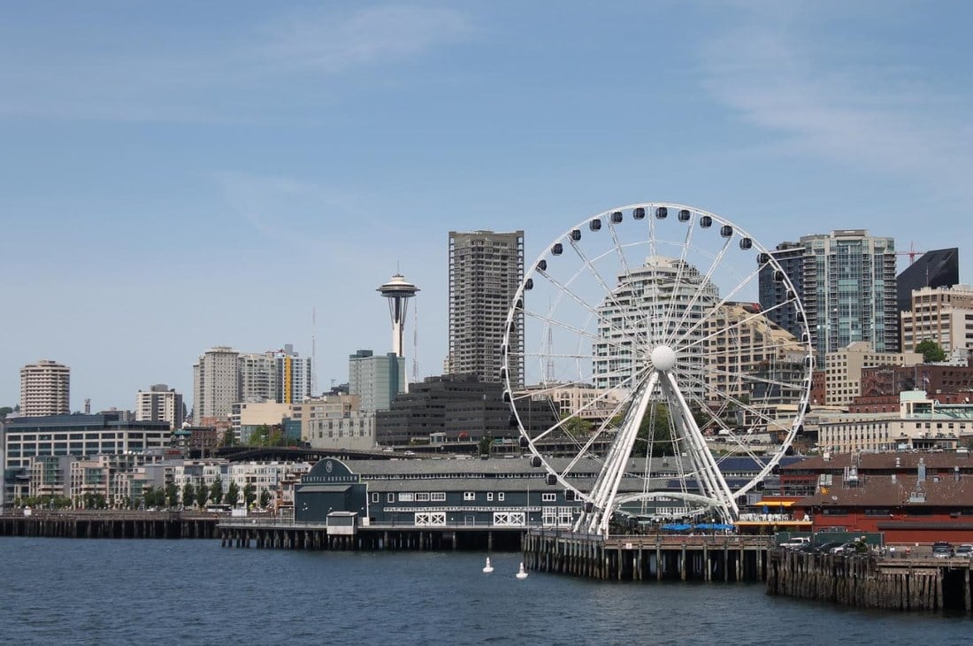 Seattle waterfront and skyline viewed from the water.
